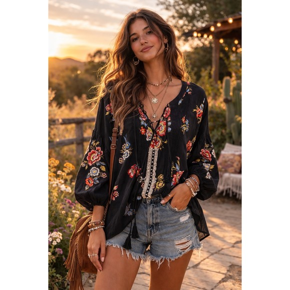 Old Navy Tops - Boho Prairie Summer Black Floral Lace Up Pintuck‎ Pleated Long Sleeve 2X Top